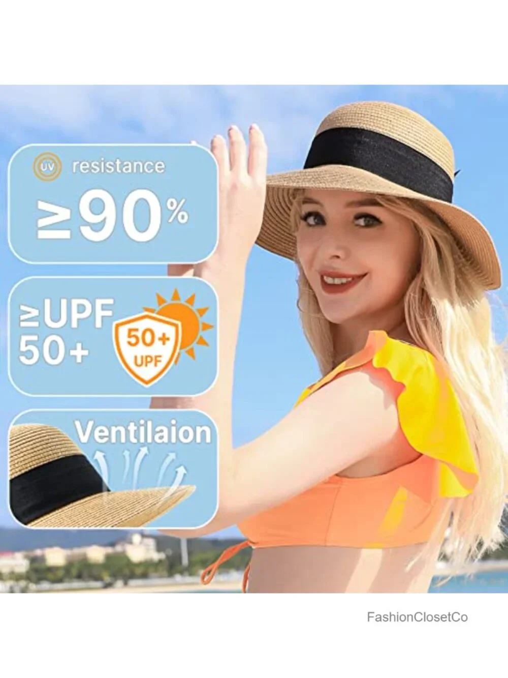 UPF 50+ Wide Brim Sun Straw Hat Packable Roll Up for Beach Travel